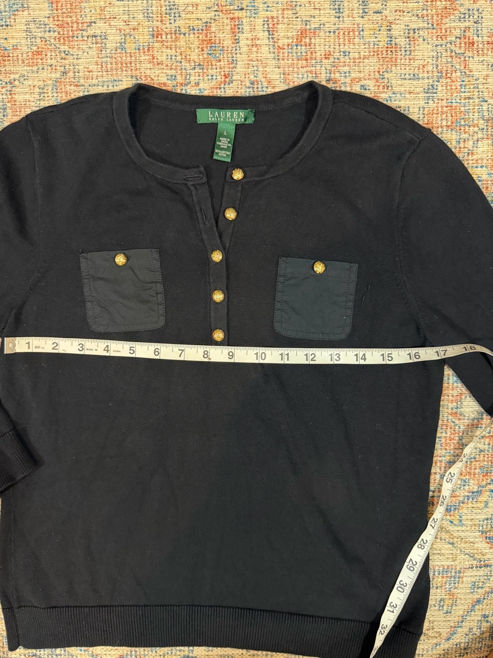 Lauren Ralph Lauren Black Cotton Henley Sweater Womens L Gold Crest Buttons - Picture 8 of 10